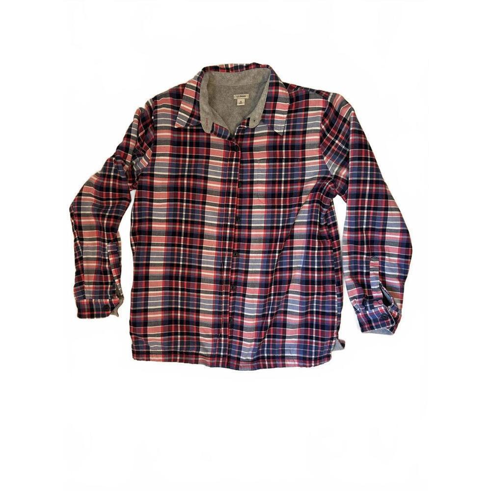 L L Bean Women’s Fleece Lined Flannel Button Up Jacket Red Black Work Chore